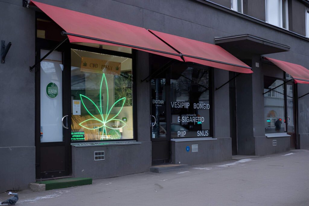 CBD oil Port St Lucie storefront with neon cannabis leaf and product signage promoting wellness and smoking accessories.
