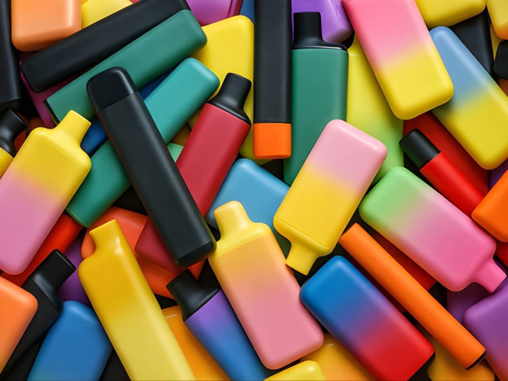 Disposable vapes in Treasure Coast colorful assortment of vaping devices scattered together.