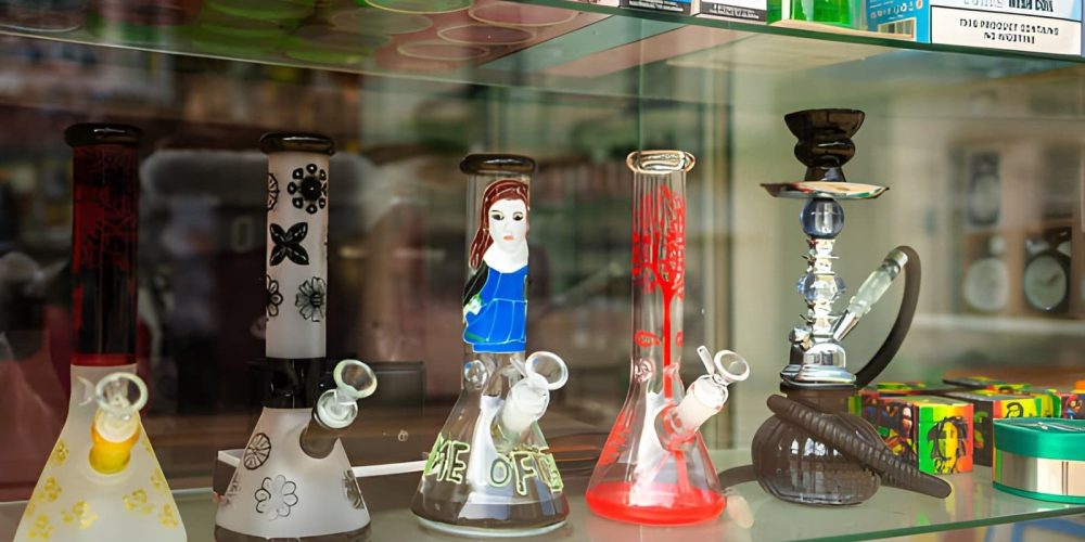 420 smoke shop Port St Lucie display shelf with artistic bongs, hookah, and colorful packaging