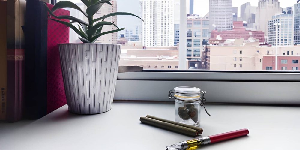 CBD oil for vape near me—red vape pen, cannabis buds, and jar on windowsill with city view.