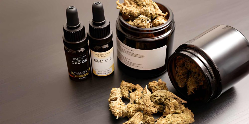 CBD oil Port St Lucie products with dropper bottles and cannabis flower jars arranged on dark surface for wellness branding.