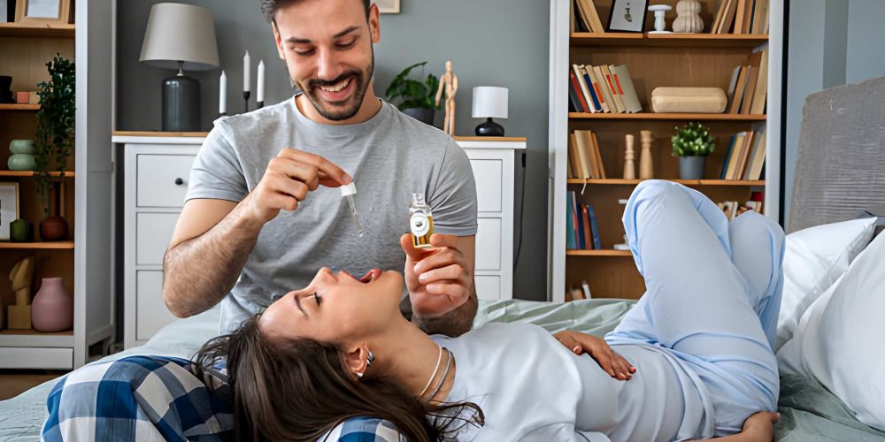 CBD oil Port St Lucie wellness ritual with dropper administered in cozy bedroom setting for relaxation and care.