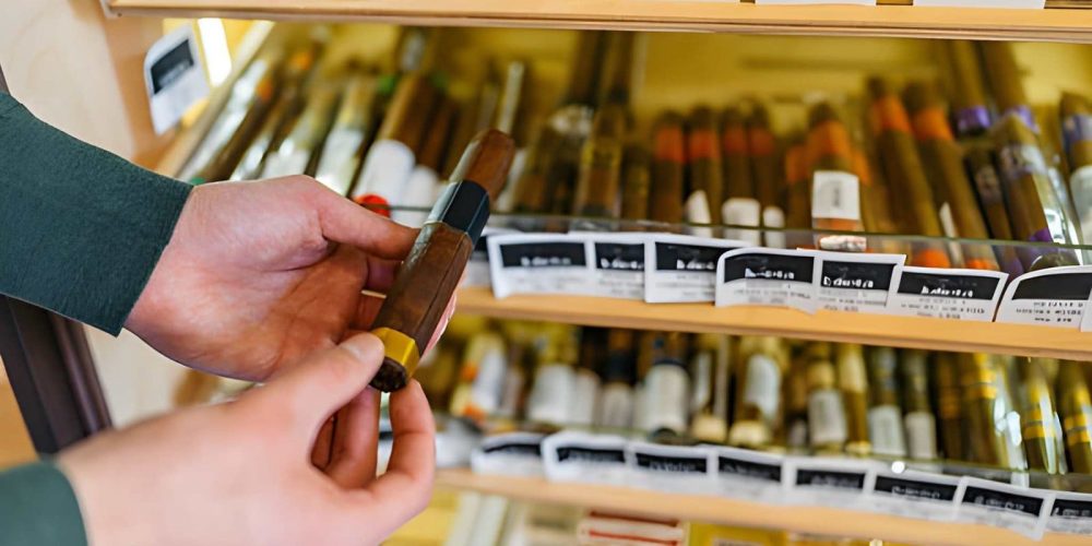 Port St Lucie smoke shop customer examining cigar from display shelf filled with premium selections.