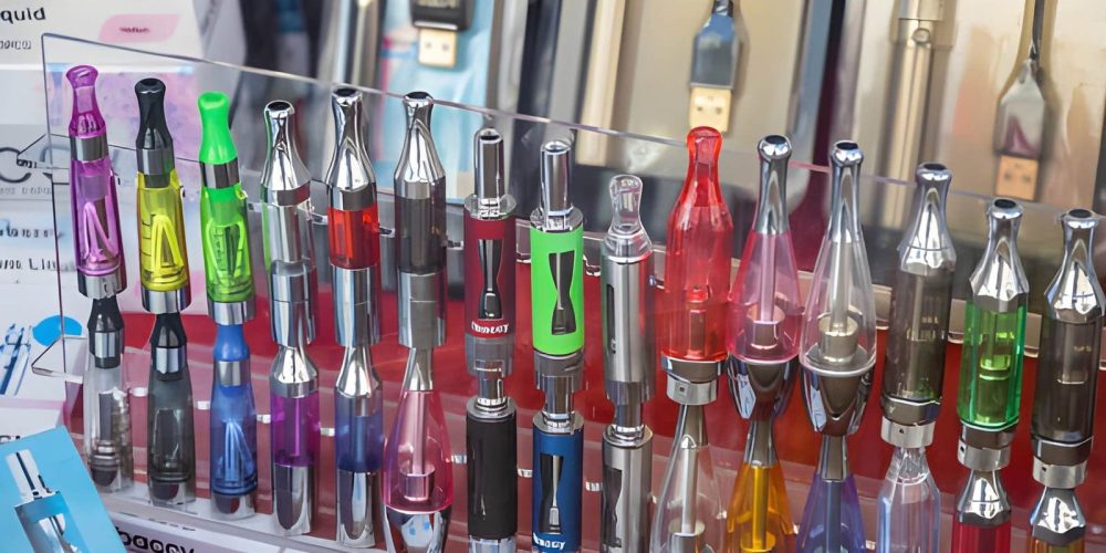 Treasure Coast Vape Shop display of colorful vape pens and accessories arranged on transparent stand