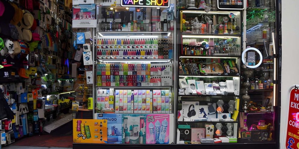 Vape shop Stuart FL—storefront with neon sign and colorful vape products displayed in window.